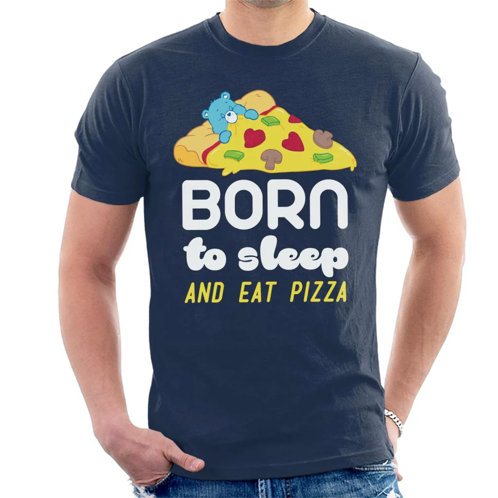 Bedtime Bear Born To Sleep And Eat Pizza White Text Men's T-Shirt - Image 3