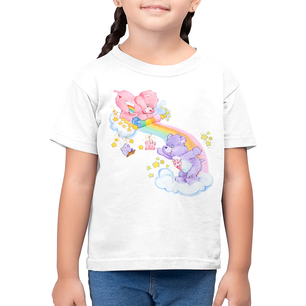 Cheer Bear And Share Bear Unrolling A Rainbow Kids T-Shirt - Image 4