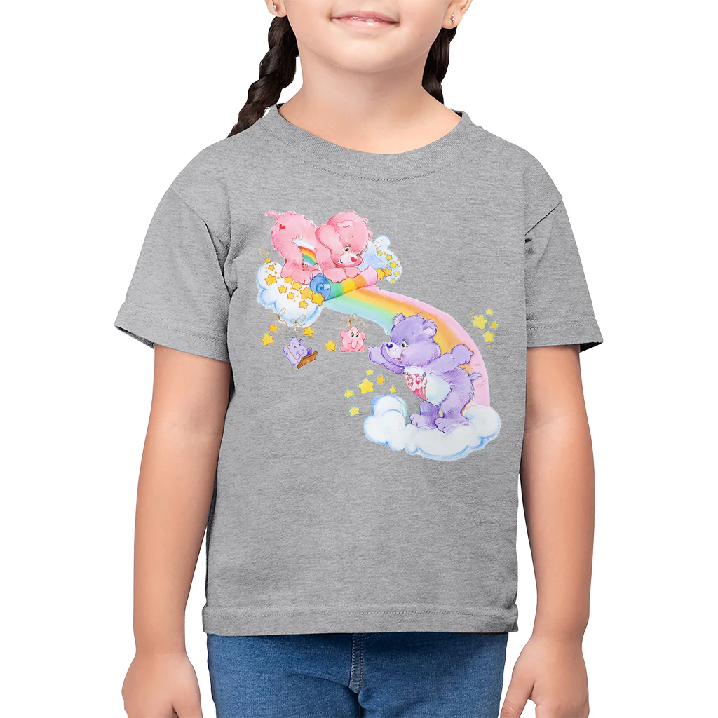 Cheer Bear And Share Bear Unrolling A Rainbow Kids T-Shirt - Image 5