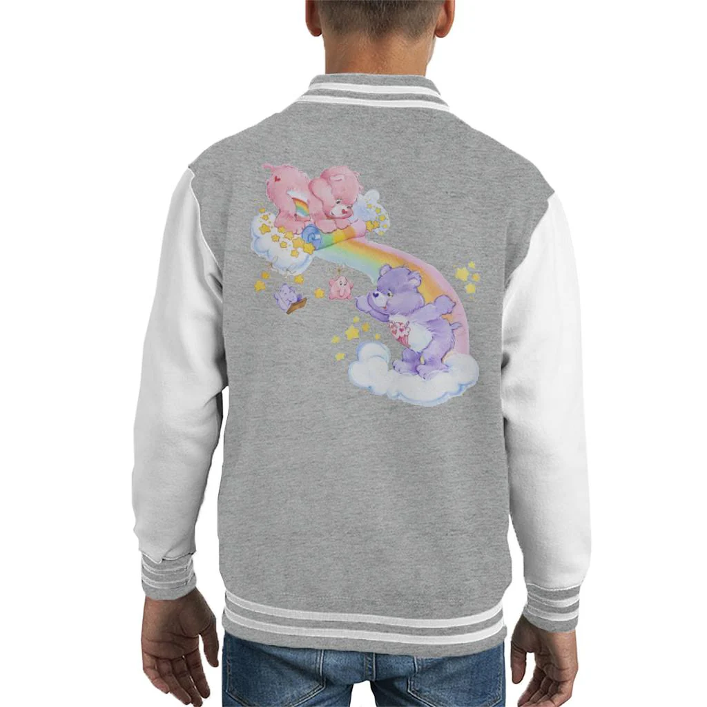 Cheer Bear And Share Bear Unrolling A Rainbow Kids Varsity Jacket - Image 4