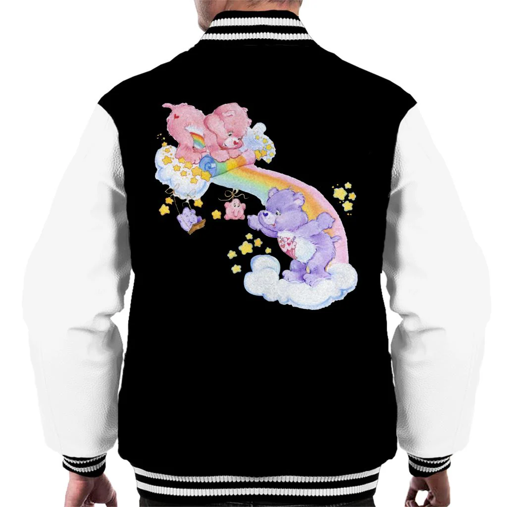 Cheer Bear And Share Bear Unrolling A Rainbow Men's Varsity Jacket - Image 3