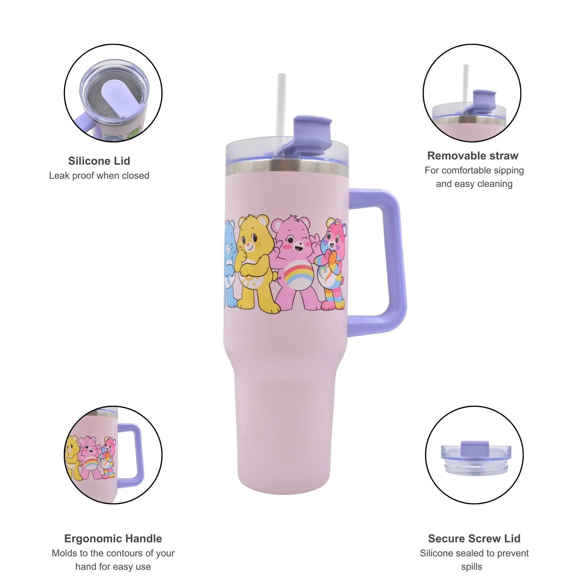 Care Bears - Friendship 40oz Insulated Tumbler Stainless Steel Cup with Straw and Handle - Image 3